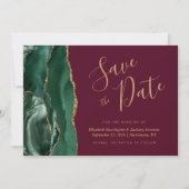 Emerald Green Gold Agate Burgundy Save the Date Einladung (Vorderseite)