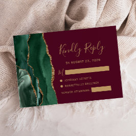 Emerald Green Gold Agate Burgundy Wedding RSVP Karte