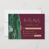 Emerald Green Gold Agate Burgundy Wedding RSVP Karte (Vorderseite)