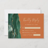 Emerald Green Gold Agate Burnt Orange Wedding RSVP Karte (Vorderseite)