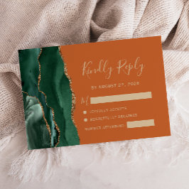 Emerald Green Gold Agate Burnt Orange Wedding RSVP Karte