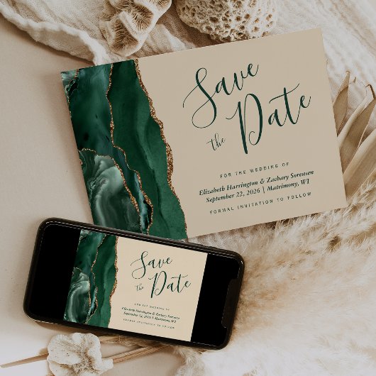 Emerald Green Gold Agate Champagne Save the Date Einladung