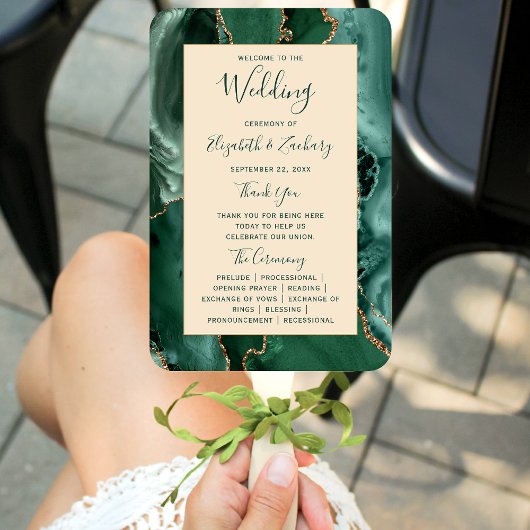 Emerald Green Gold Agate Champagne Wedding Program Fächer