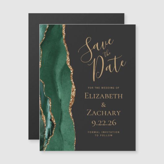 Emerald Green Gold Agate Dark Magnet Save the Date (Vorne/Hinten)