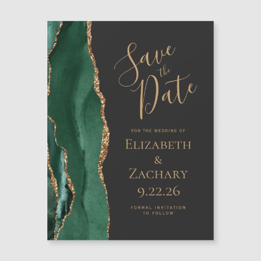 Emerald Green Gold Agate Dark Magnet Save the Date (Vorderseite)