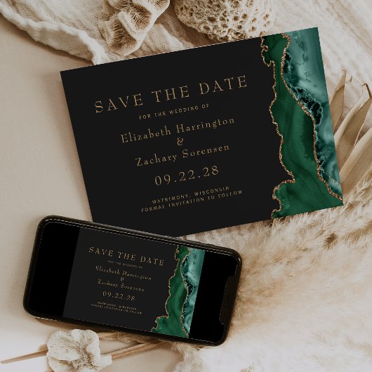Emerald Green Gold Agate Dark Save the Date Card Einladung