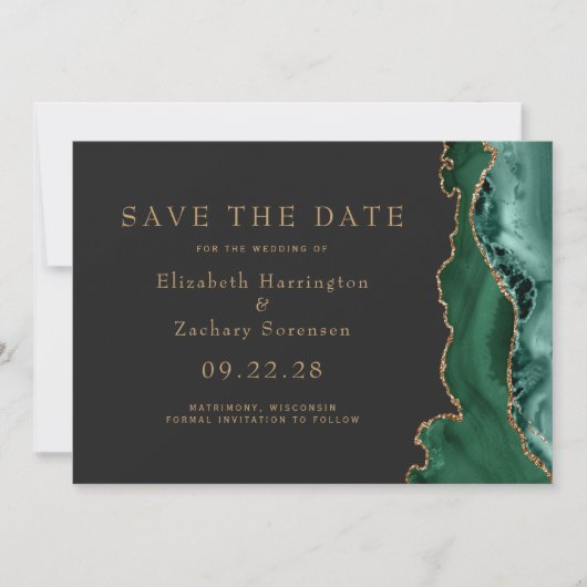 Emerald Green Gold Agate Dark Save the Date Card Einladung (Vorderseite)