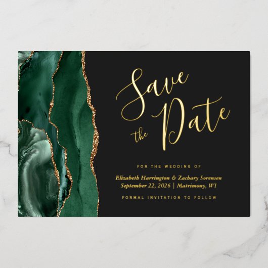 Emerald Green Gold Agate Dark Save the Date Folieneinladung (Vorderseite)