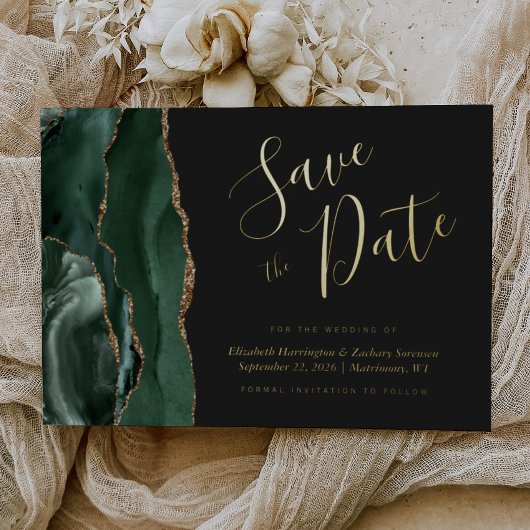Emerald Green Gold Agate Dark Save the Date Folieneinladung