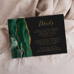 Emerald Green Gold Agate Dark Wedding Details Begleitkarte<br><div class="desc">Der links Rand dieser eleganten,  modernen Hochzeitsdetails-Umzäunungskarte zeichnet sich durch eine smaragdgrüne Aquarellgrenze aus,  die mit dem vergoldeten Glitzer der Imitate bestickt wurde. Der Text ist in goldfarbenem Handschriftenskript und Copperplate-Schriftart auf schwarzem Hintergrund. Auf der Rückseite ist ein passendes grün- und goldfarbenes Agatdesign zu sehen.</div>