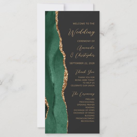 Emerald Green Gold Agate Dark Wedding Program (Vorderseite)