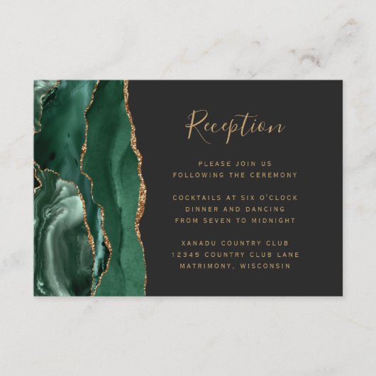 Emerald Green Gold Agate Dark Wedding Reception Begleitkarte (Vorderseite)