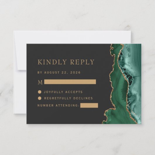 Emerald Green Gold Agate Dark Wedding RSVP Karte (Vorderseite)