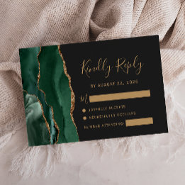 Emerald Green Gold Agate Dark Wedding RSVP Karte