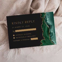 Emerald Green Gold Agate Dark Wedding RSVP Karte