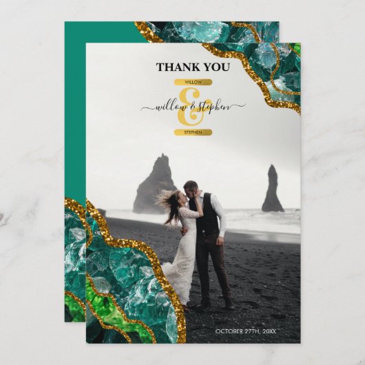 Emerald Green & Gold Agate Geode Glitzer Monogram Dankeskarte (Vorne/Hinten)