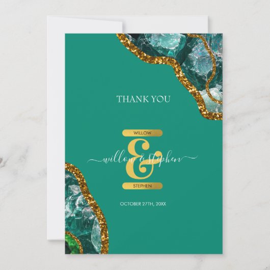 Emerald Green & Gold Agate Geode Glitzer Monogram Dankeskarte (Vorderseite)