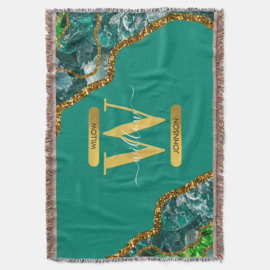 Emerald Green & Gold Agate Geode Glitzer Monogram Decke (Vorderseite Vertikal)