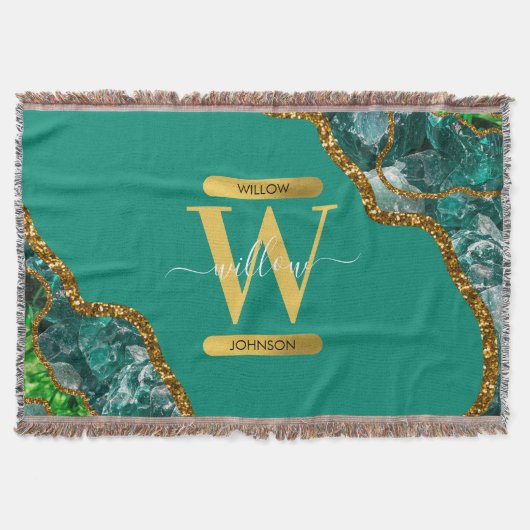 Emerald Green & Gold Agate Geode Glitzer Monogram Decke (Vorderseite)
