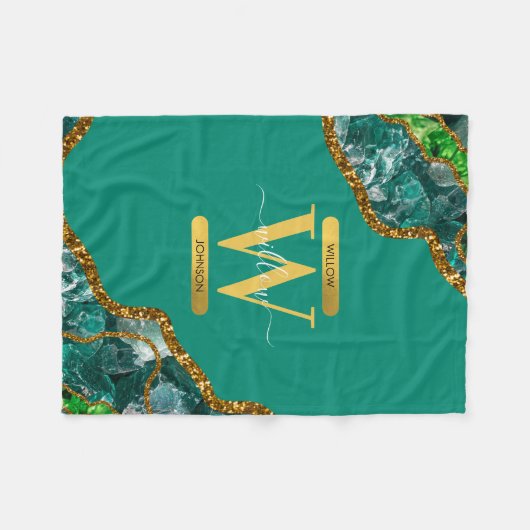 Emerald Green & Gold Agate Geode Glitzer Monogram Fleecedecke (Vorderseite (Horizontal))
