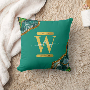 Emerald Green & Gold Agate Geode Glitzer Monogram Kissen