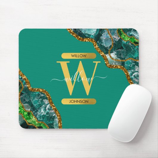 Emerald Green & Gold Agate Geode Glitzer Monogram Mousepad (Mit Mouse)