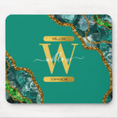 Emerald Green & Gold Agate Geode Glitzer Monogram Mousepad (Vorne)
