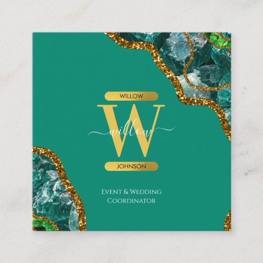 Emerald Green & Gold Agate Geode Glitzer Monogram Quadratische Visitenkarte (Vorderseite)