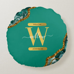 Emerald Green & Gold Agate Geode Glitzer Monogram Rundes Kissen