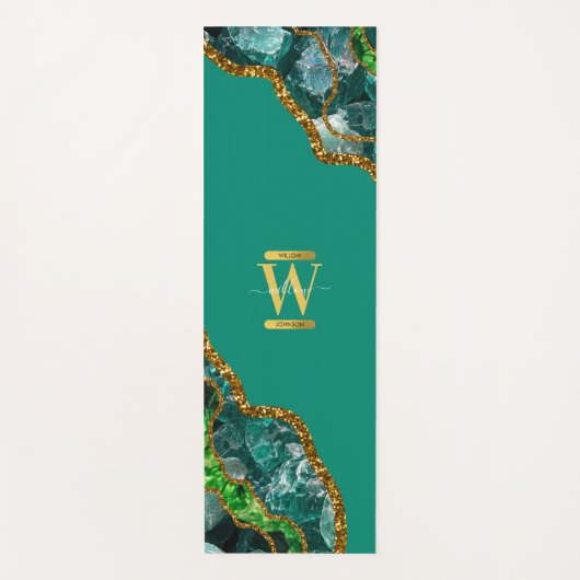 Emerald Green & Gold Agate Geode Glitzer Monogram Yogamatte (Vorderseite)