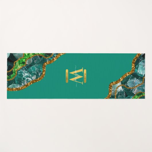 Emerald Green & Gold Agate Geode Glitzer Monogram Yogamatte (Vorderseite (Horizontal))