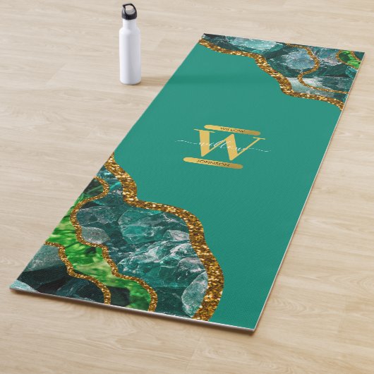 Emerald Green & Gold Agate Geode Glitzer Monogram Yogamatte (Beispiel)
