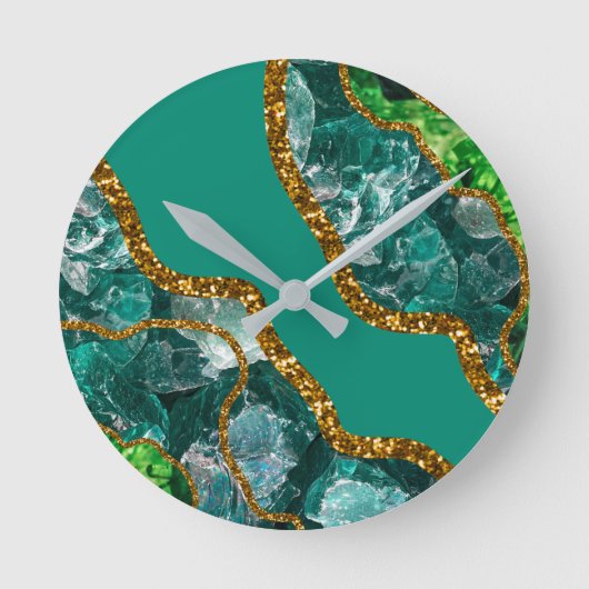 Emerald Green & Gold Agate Geode Glitzer Runde Wanduhr (Vorderseite)