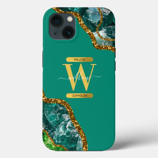 Emerald Green & Gold Agate Geode Monogram Case-Mate iPhone Hülle (Rückseite)