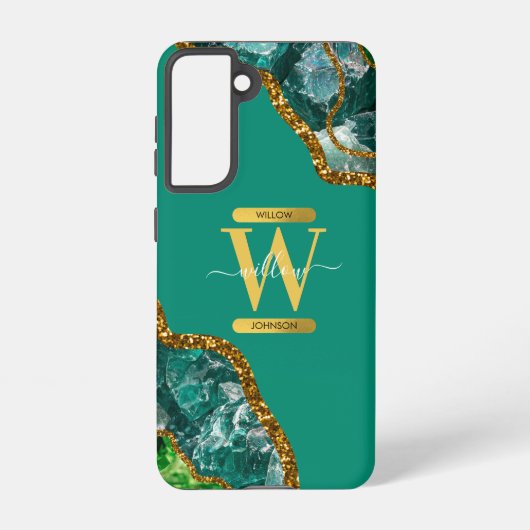 Emerald Green & Gold Agate Geode Monogram Samsung Galaxy Hülle (Rückseite)