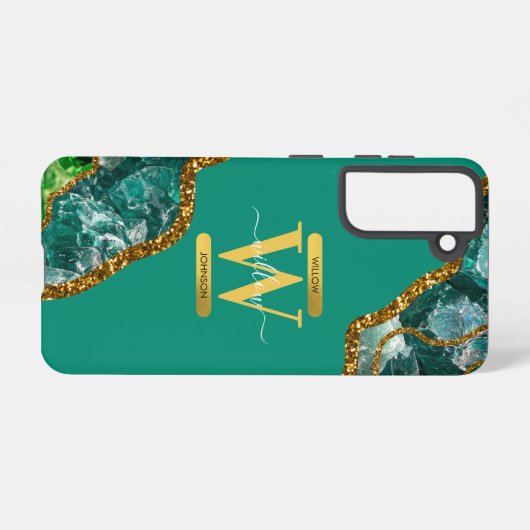 Emerald Green & Gold Agate Geode Monogram Samsung Galaxy Hülle (Rückseite (Horizontal))
