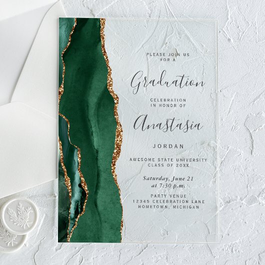 Emerald Green Gold Agate Gray Text Graduation Acryleinladungen