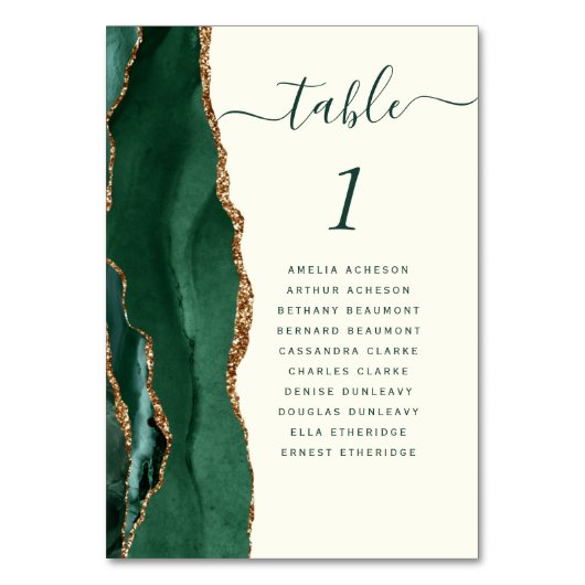 Emerald Green Gold Agate Ivory Wedding Tischnummer (Vorderseite)