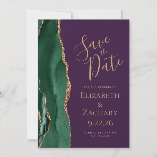 Emerald Green Gold Agate Lila Save the Date (Vorderseite)