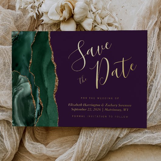 Emerald Green Gold Agate Lila Save the Date Folieneinladung