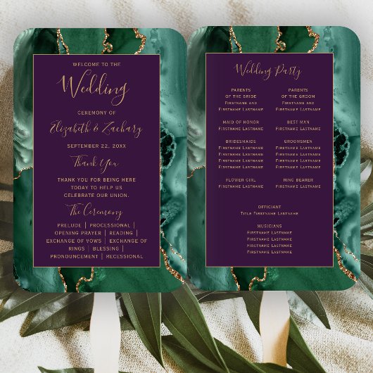 Emerald Green Gold Agate Lila Wedding Program Fächer