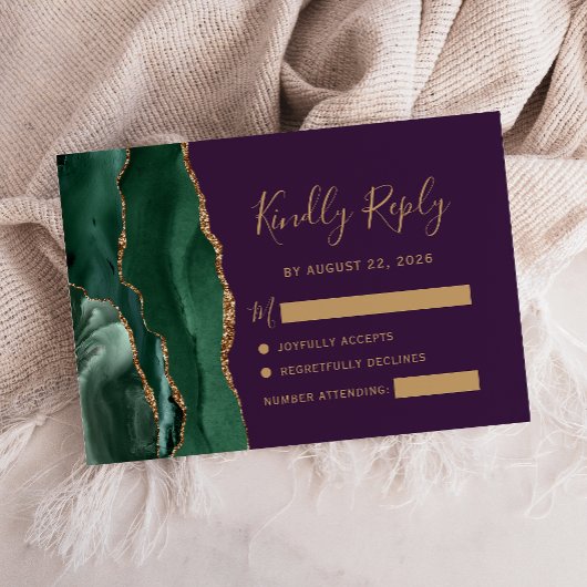 Emerald Green Gold Agate Lila Wedding RSVP Karte