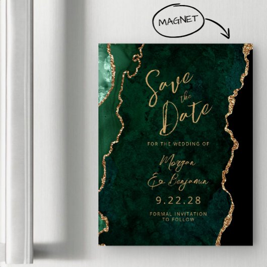 Emerald Green Gold Agate Magnetic Save the Date Magnetkarte