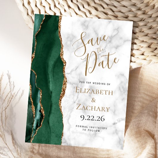 Emerald Green Gold Agate Marble Save the Date Ankündigungspostkarte