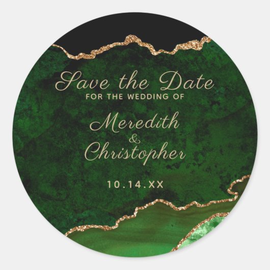 Emerald Green Gold Agate Marble Save the Date Runder Aufkleber (Vorderseite)
