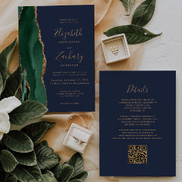 Emerald Green Gold Agate Navy Blue QR Code Hochzei Einladung