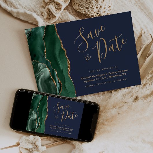 Emerald Green Gold Agate Navy Blue Save the Date Einladung