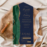 Emerald Green Gold Agate Navy Blue Wedding All In One Einladung<br><div class="desc">Die links Kulisse dieser eleganten, modernen und einladenden Hochzeitseinladung und der UAWG mit einem smaragdgrünen Aquarellrand besticht durch den goldenen Glitzer der Imitate. Der anpassbare Text kombiniert goldfarbene whimsical Handschriftenschrift, Copperplate und kursiv Schriftart auf marineblarem Hintergrund. Die Rücksendeadresse erscheint auf der Außentafel und auf der Rückseite der abnehmbaren RSVP-Karte in...</div>