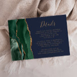 Emerald Green Gold Agate Navy Blue Wedding Details Begleitkarte<br><div class="desc">Der links Rand dieser eleganten,  modernen Hochzeitsdetails-Umzäunungskarte zeichnet sich durch eine smaragdgrüne Aquarellgrenze aus,  die mit dem vergoldeten Glitzer der Imitate bestickt wurde. Der Text ist in goldfarbener Handschrift-Skript und Copperplate-Schriftart auf einem marineblauen Hintergrund. Auf der Rückseite ist ein passendes grün- und goldfarbenes Agatdesign zu sehen.</div>