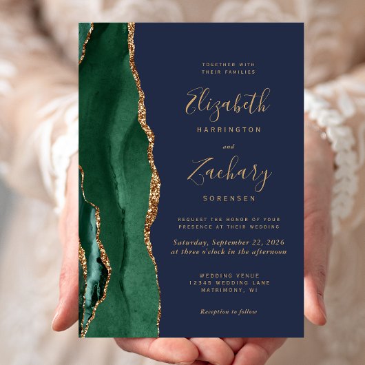 Emerald Green Gold Agate Navy Blue Wedding Einladung